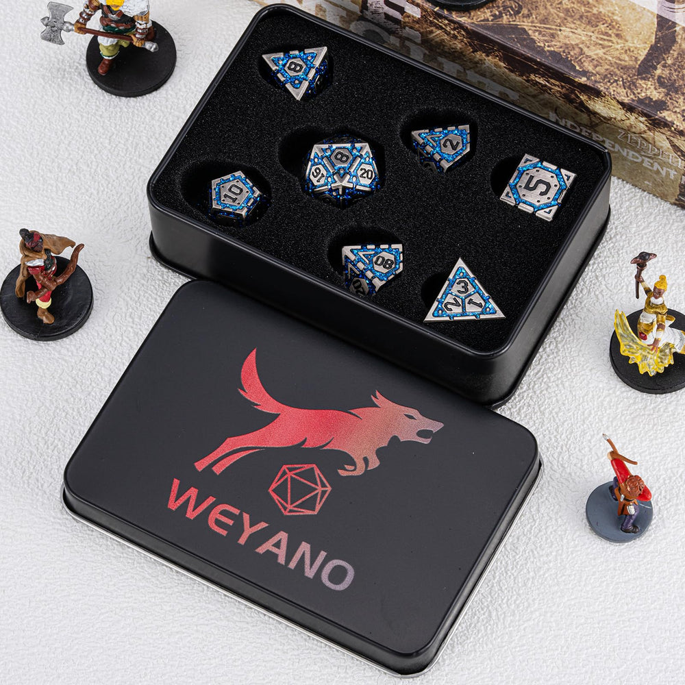 Weyano DND metal dice set held in hand over table during a session, showcasing heft.