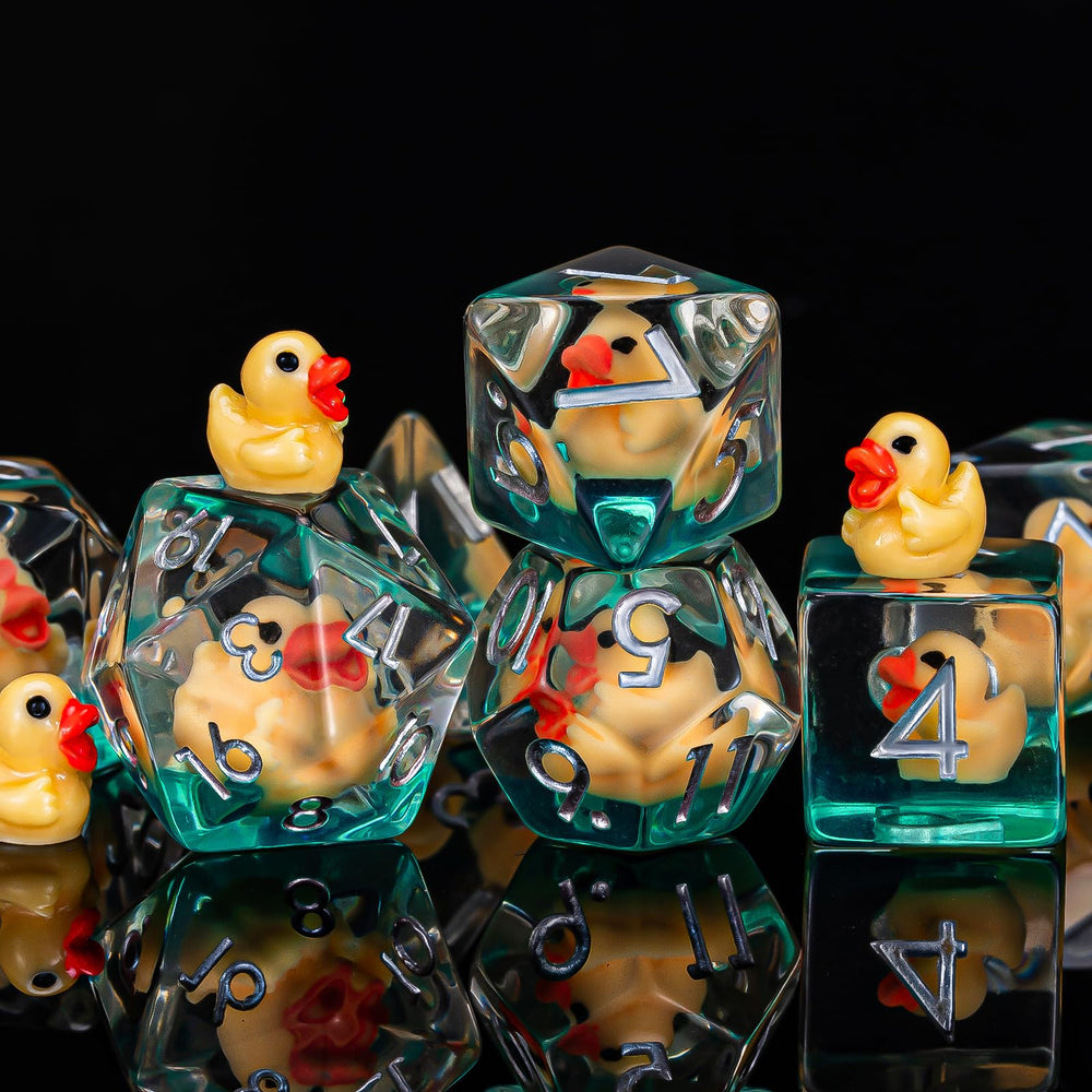 Weyano resin D12 die with yellow duck fill, large faces for easy probability reads