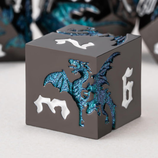 weyano Sharp Edge DND dragon dice set with dragon motif for immersive tabletop gameplay.