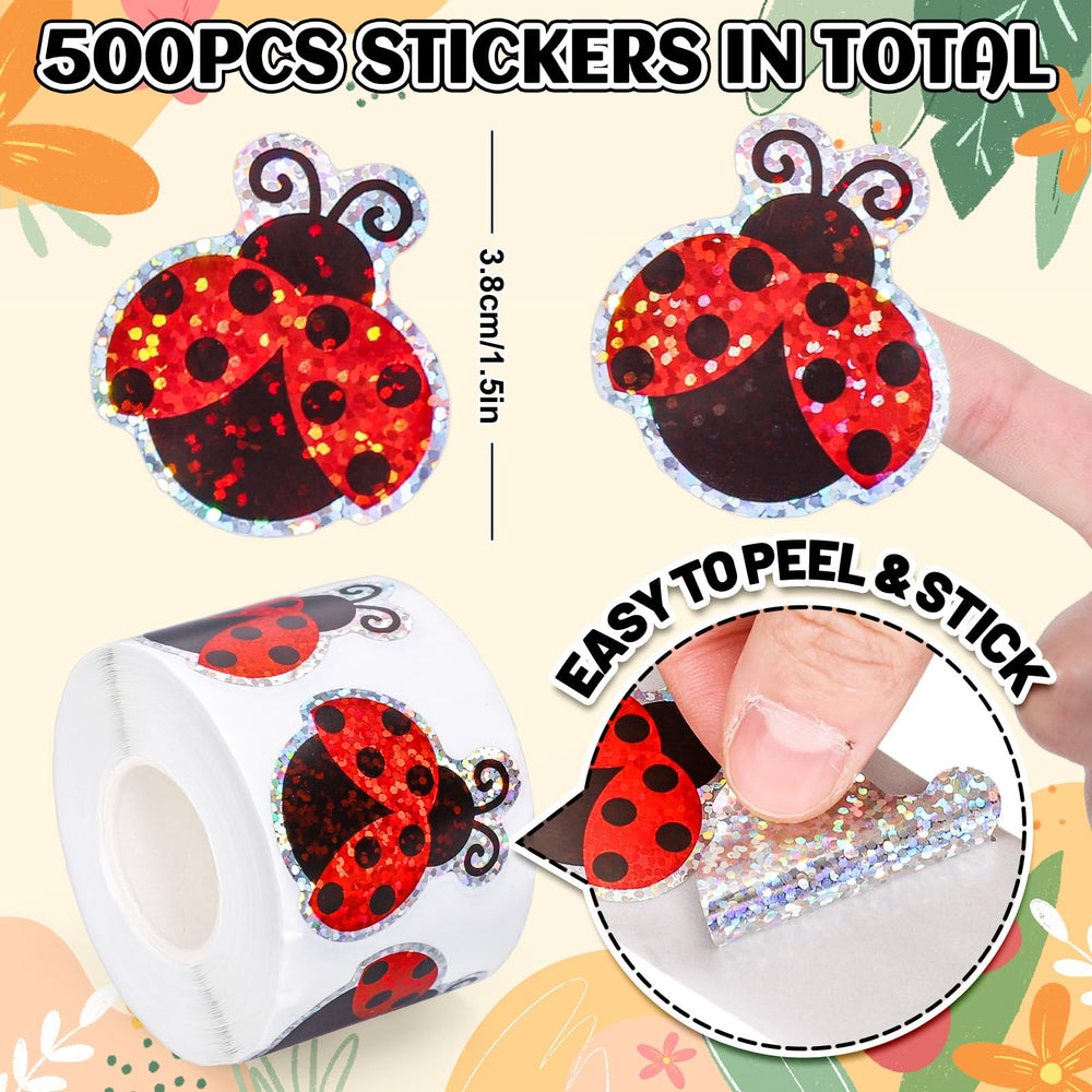 Whaline laser ladybug stickers closeup highlights sparkly finish and strong adhesive.