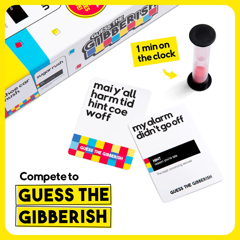 WHAT DO YOU MEME? Guess The Gibberish instruction sheet shown for quick learning.