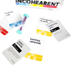 WHAT DO YOU MEME? Incohearent party cards category display sparks conversation.