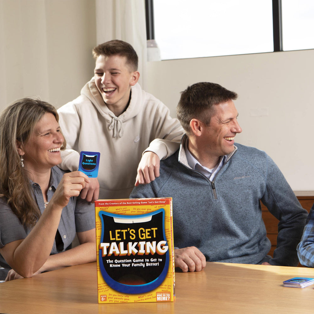 WHAT DO YOU MEME? Let's Get Talking shows question cards across three levels to guide depth.