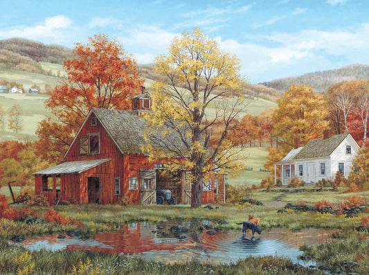 White Mountain Friends in Autumn puzzle with barn reflection; ideal for family puzzle night.