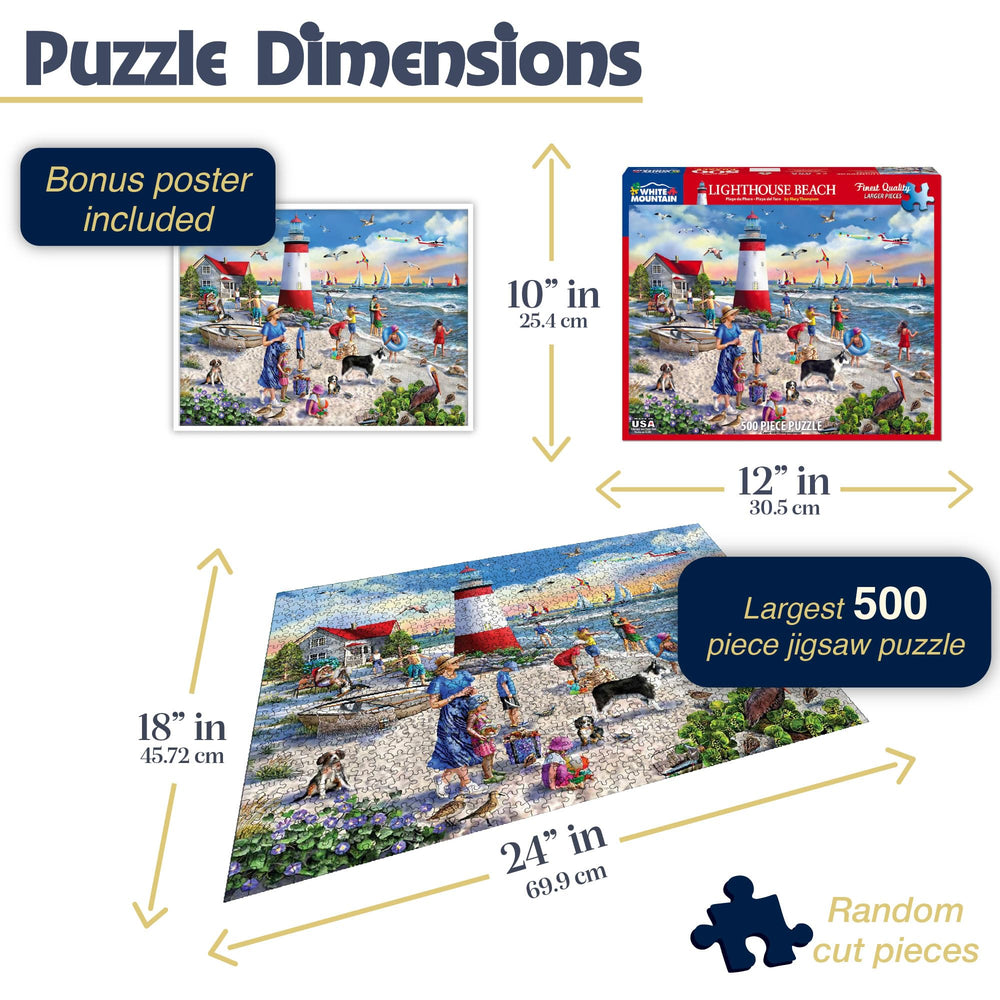 White Mountain puzzle pieces arranged on table for Lighthouse Beach puzzle