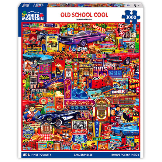 White Mountain Old School Cool Puzzle cover featuring retro artwork for nostalgic puzzle lovers.