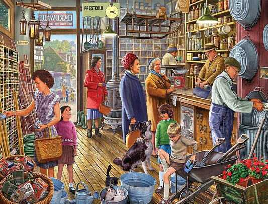 White Mountain Puzzles The Hardware Store front cover, nostalgic shop scene inviting family puzzling.