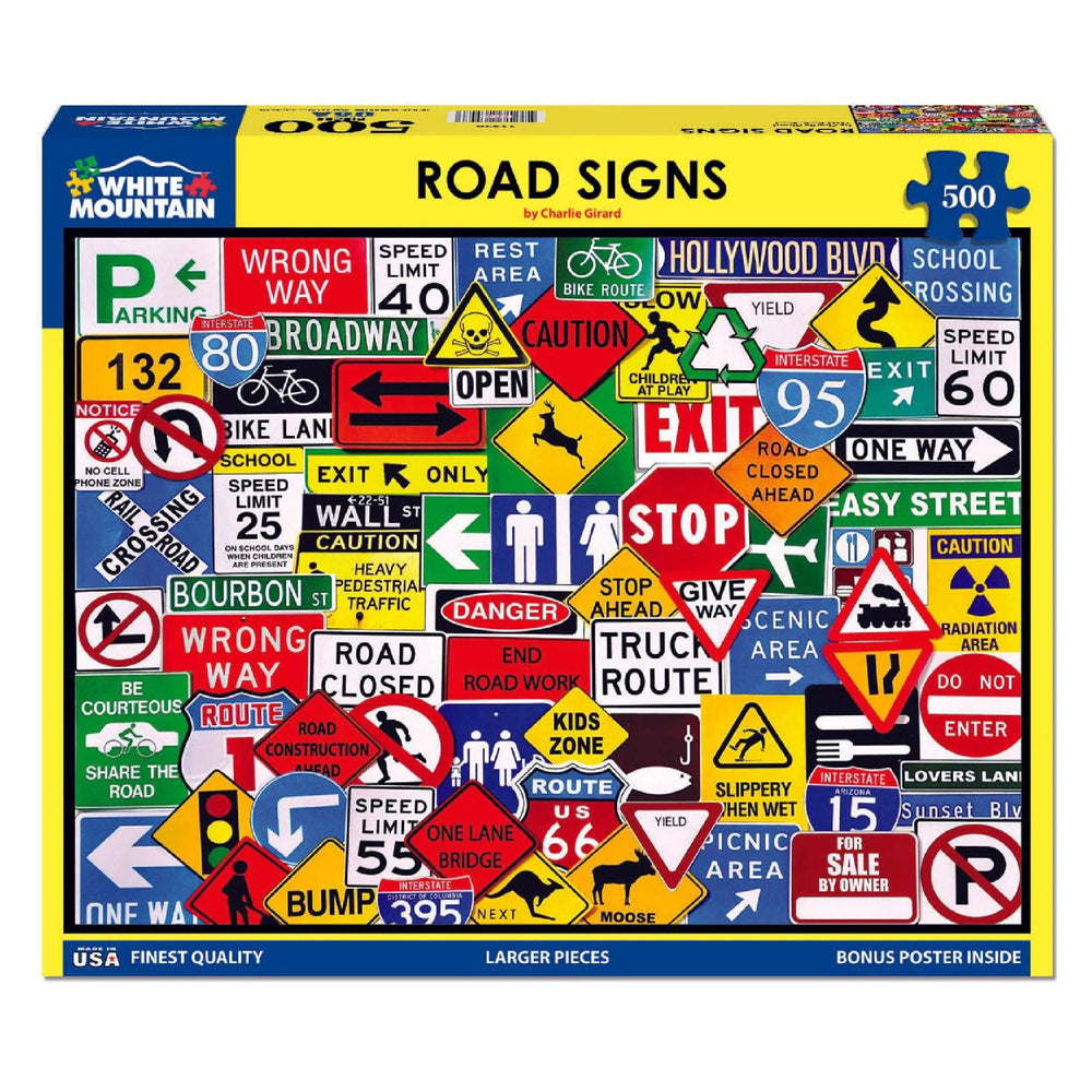 White Mountain Road Signs 500pc puzzle collage is eye-catching for living room display.