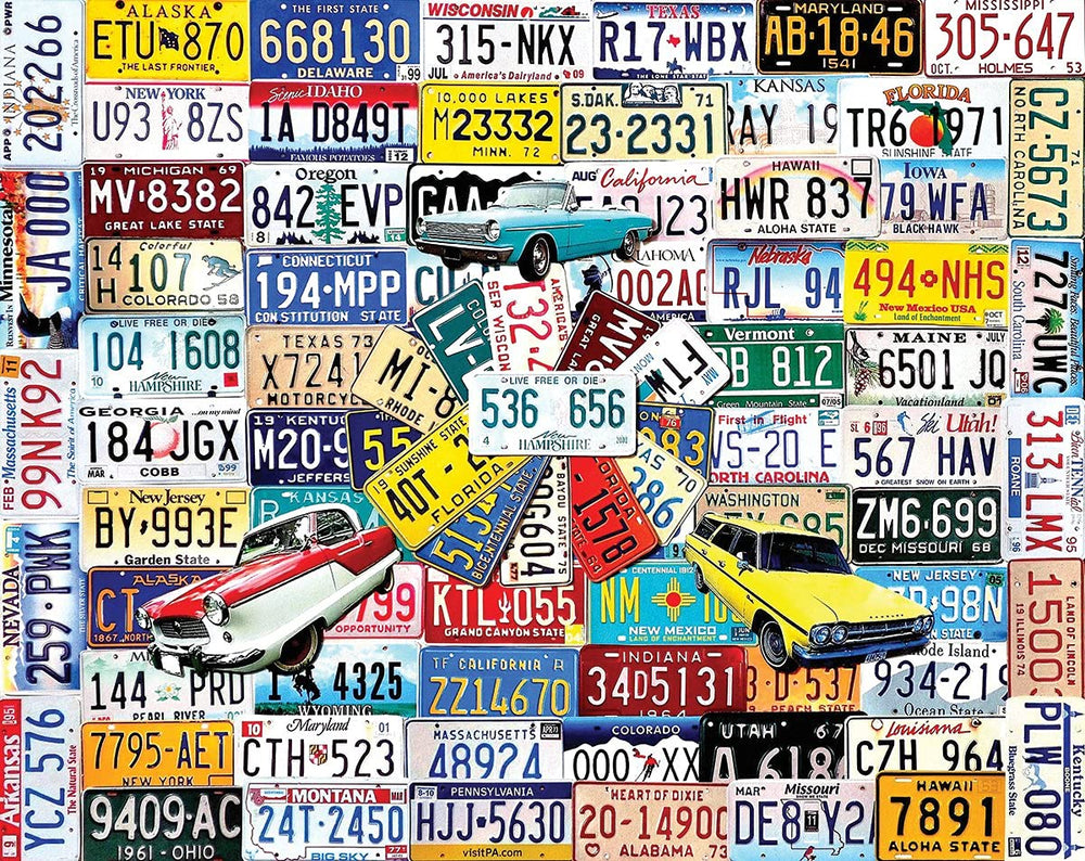 White Mountain State Plates puzzle cover with vintage license plates, ideal for collectors