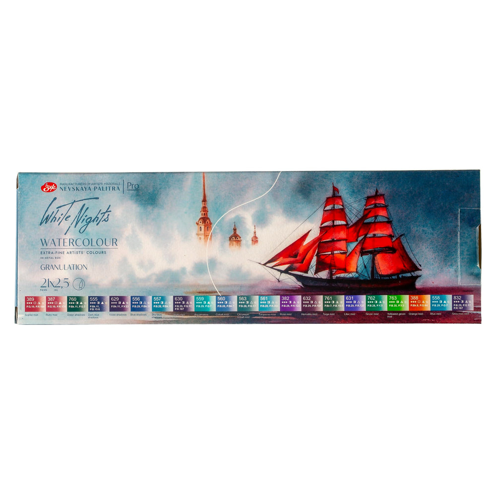 White Nights 21-pans watercolor set in metal case front view, organized for travel