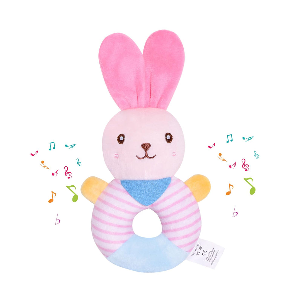 WHNKFB baby teether rattle bunny plush with crinkle ears for sensory exploration.