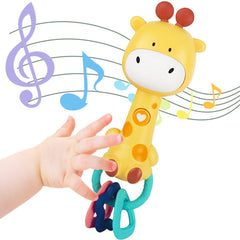 WHNKFB Bright Yellow Giraffe Rattle Toy front view with soft light for engagement
