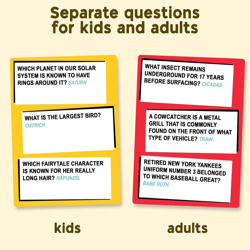 WHO KNOWS MORE? Kids or Adults question cards showcase diverse topics