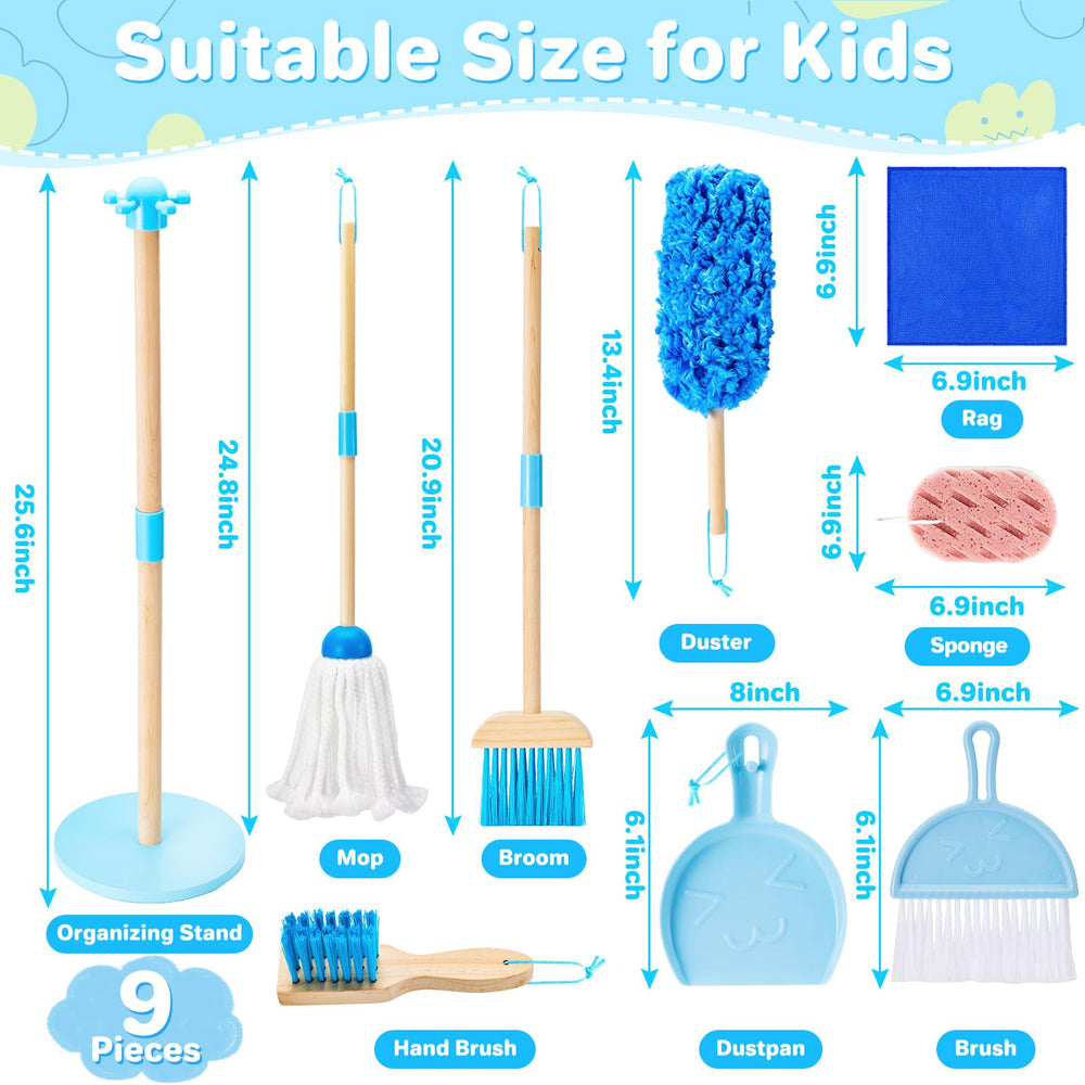 WHOHOLL 9 Pcs wooden cleaning set with duster, safe pretend cleaning