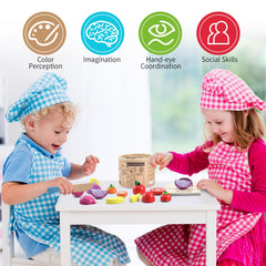 WHOHOLL wooden play food pieces with crunch sound during pretend slicing.