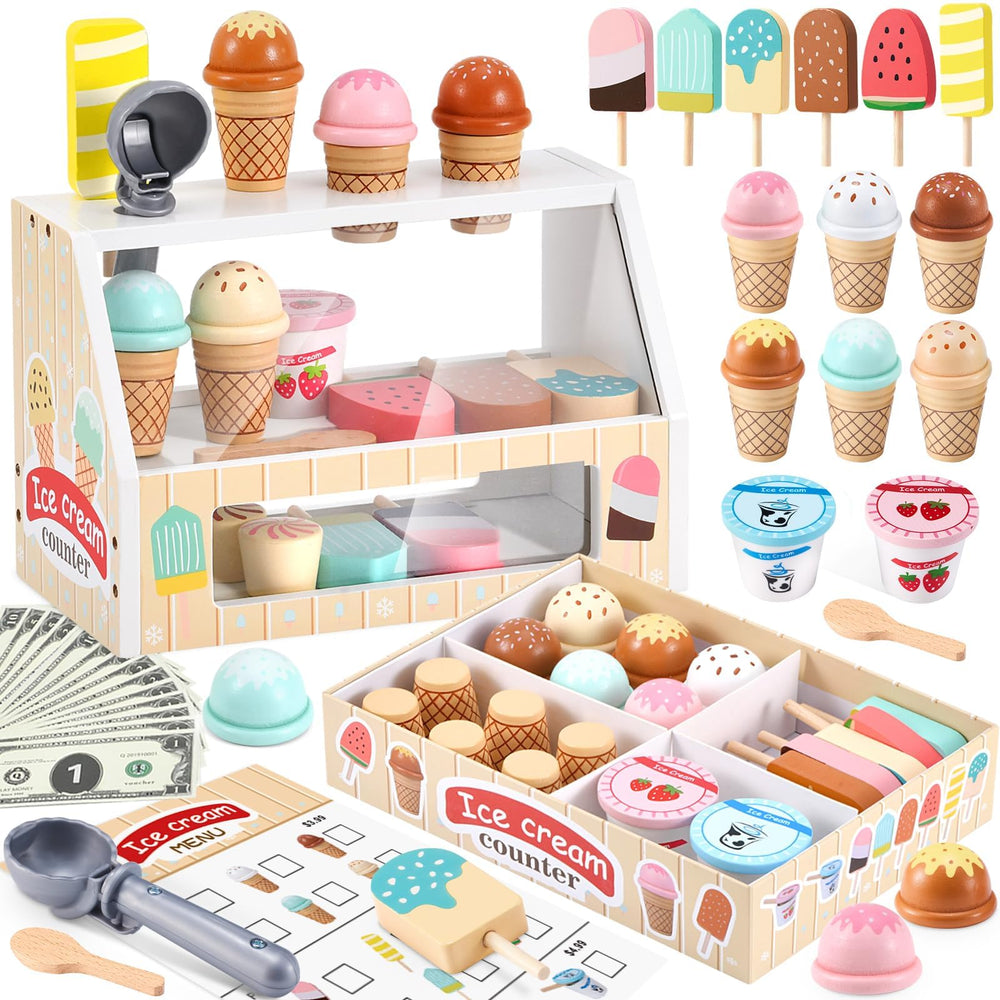 WHOHOLL wooden ice cream counter promotes imaginative play and color learning.