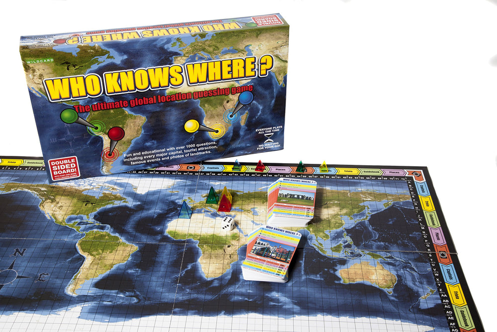 Wild Card Games Who Knows Where? playing pieces ready for fast rounds