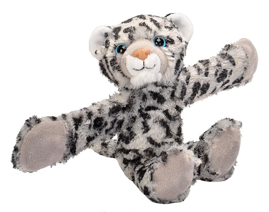 Wild Republic Huggers Snow Leopard plush with slap bracelet, ideal for backpack hugs.