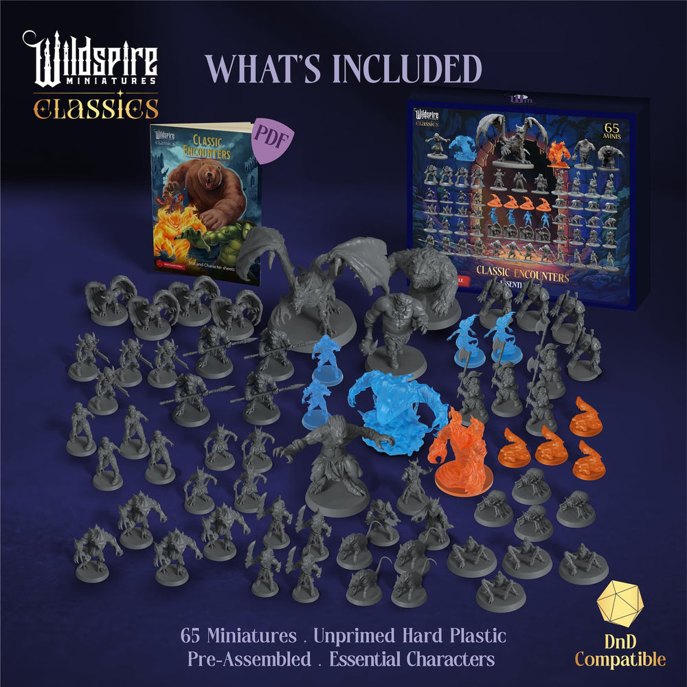 Wildspire Classic Encounters unpainted miniatures in posed stances, ideal for painting practice