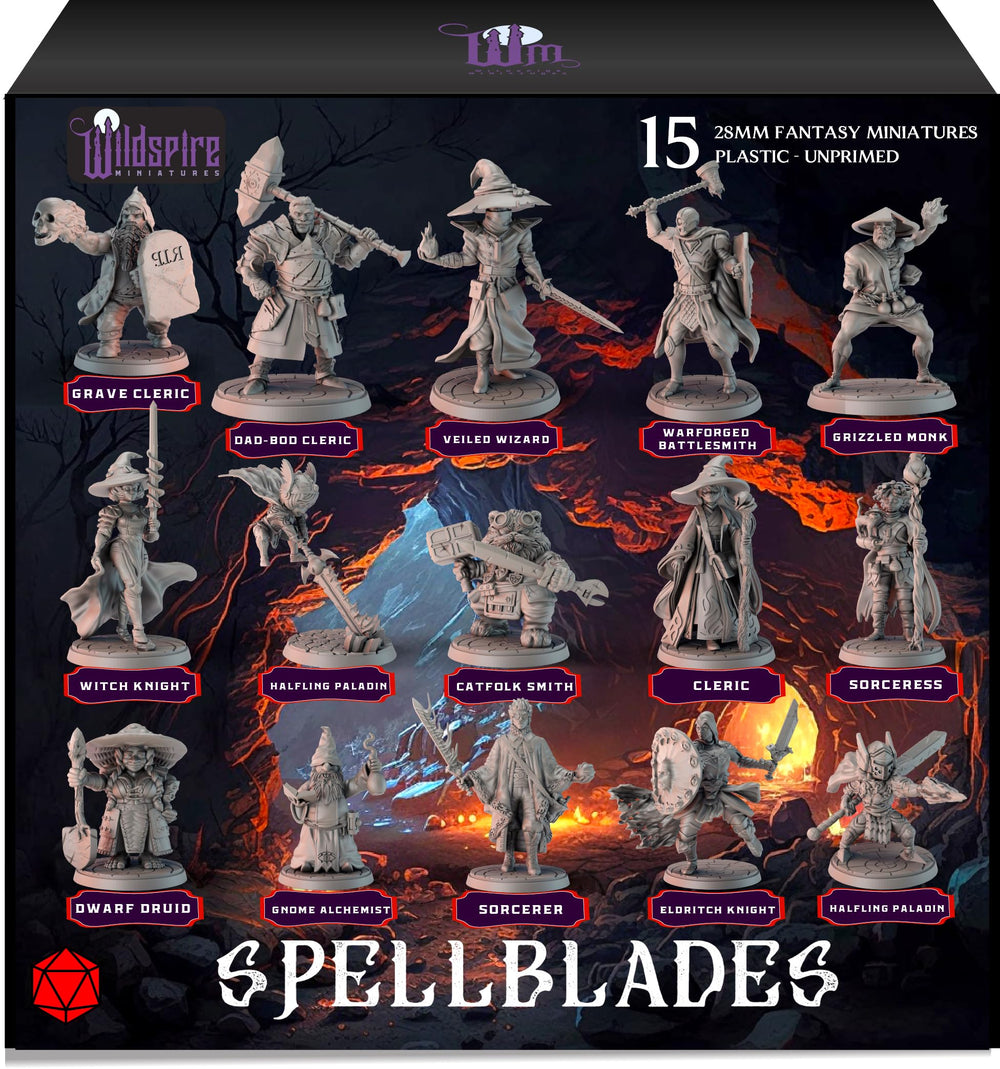 Wildspire Spellblades hero and NPC minis on display, ready for painting and tabletop adventures.