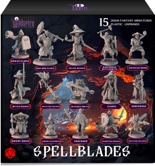 Wildspire Spellblades hero and NPC minis on display, ready for painting and tabletop adventures.