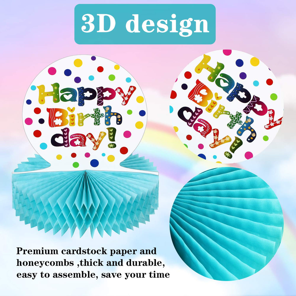 Two rainbow centerpieces framing a festive table scene