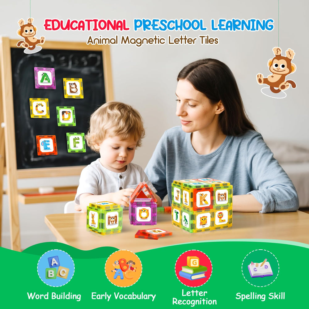 Windidi double-sided magnetic letters and animals tiles for interactive learning