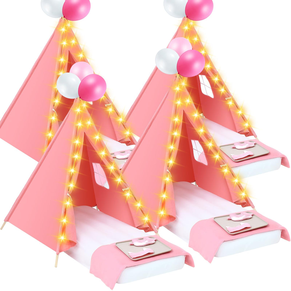 Windyun pink teepee exterior with star lights creating a magical sleepover ambiance