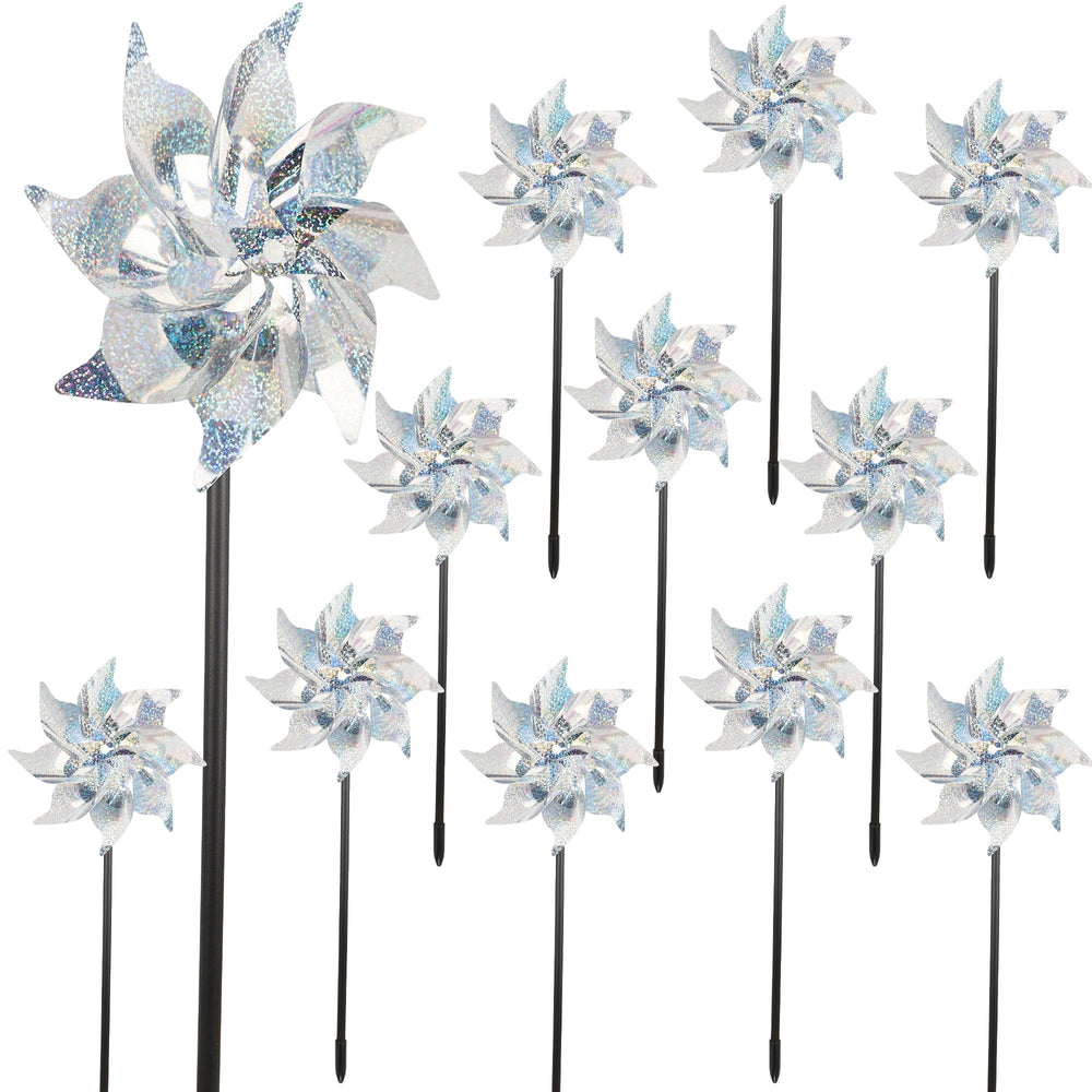 Winemana reflective pinwheels sparkle in sunlight to deter birds in the garden.