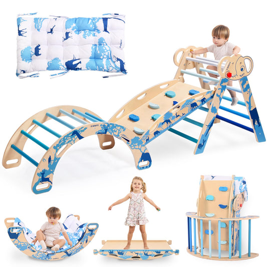 Wingyz 8-in-1 Pikler blue setup promotes independent play and balance
