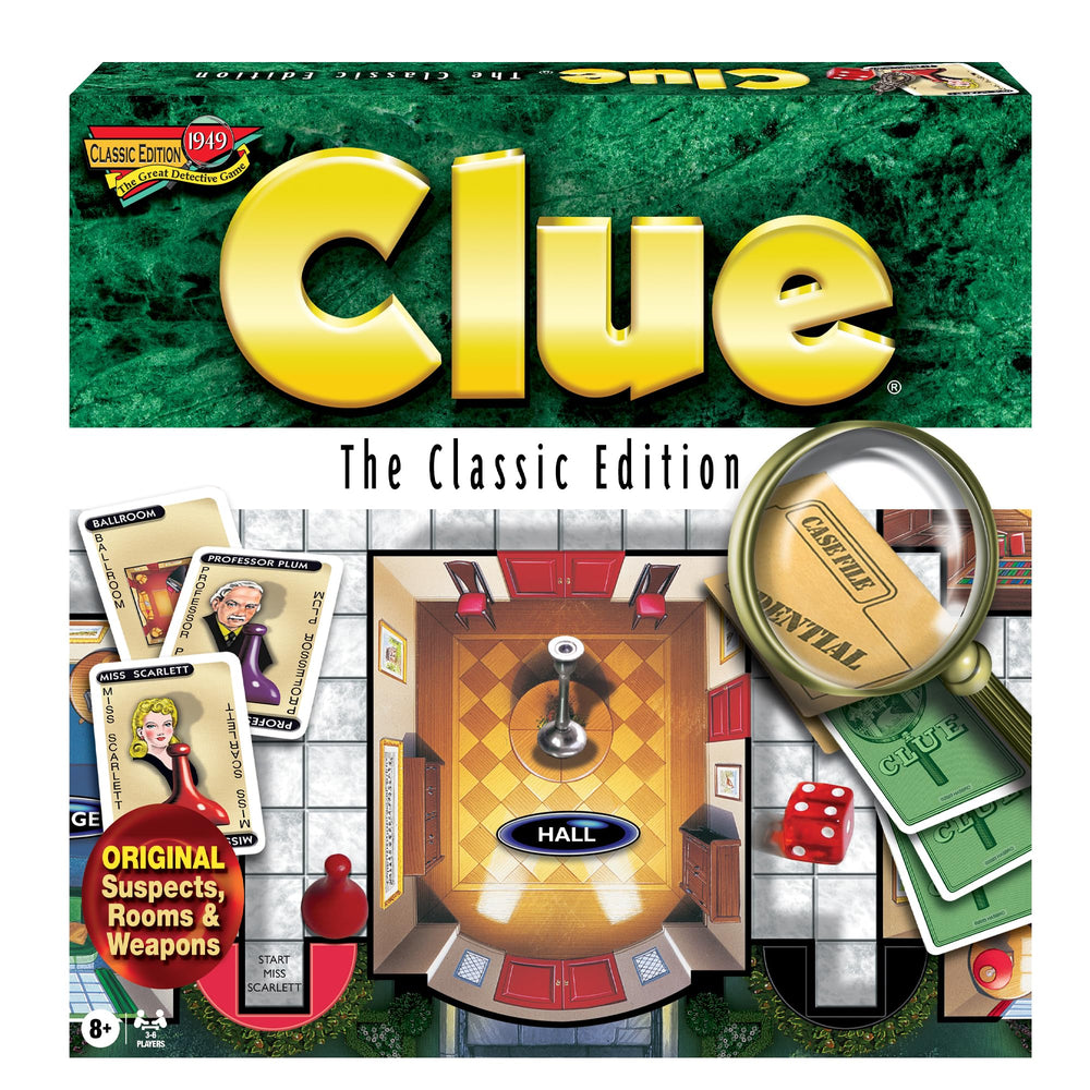 Winning Moves Clue Classic: Professor Plum in Boddy Mansion with 1949 card artwork for nostalgic play