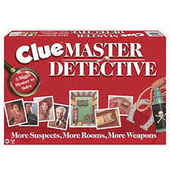 Winning Moves Clue Master Detective brass weapons—tactile brass-toned pieces for dramatic deductions.