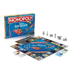 Winning Moves Lilo & Stitch Monopoly game box for family night on a tropical backdrop.