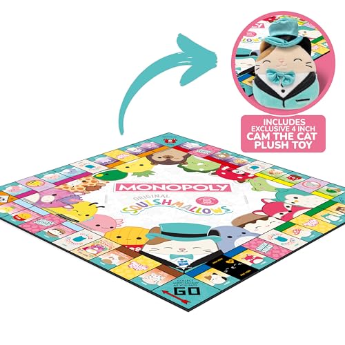 Winning Moves Monopoly Squishmallows board-layout features a colorful, character-filled layout for gameplay variety