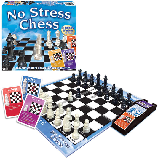Winning Moves No Stress Chess board with labeled pieces supports beginner learning.