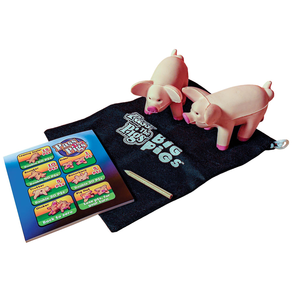 Winning Moves Pass The Pigs Big Pigs includes score pad and storage pouch.