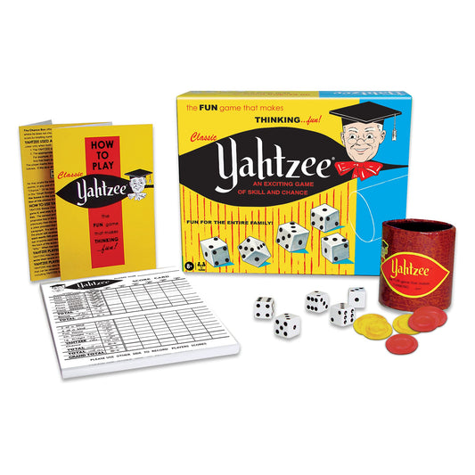 Winning Moves Yahtzee dice cup with aluminum rim, durable for travel.