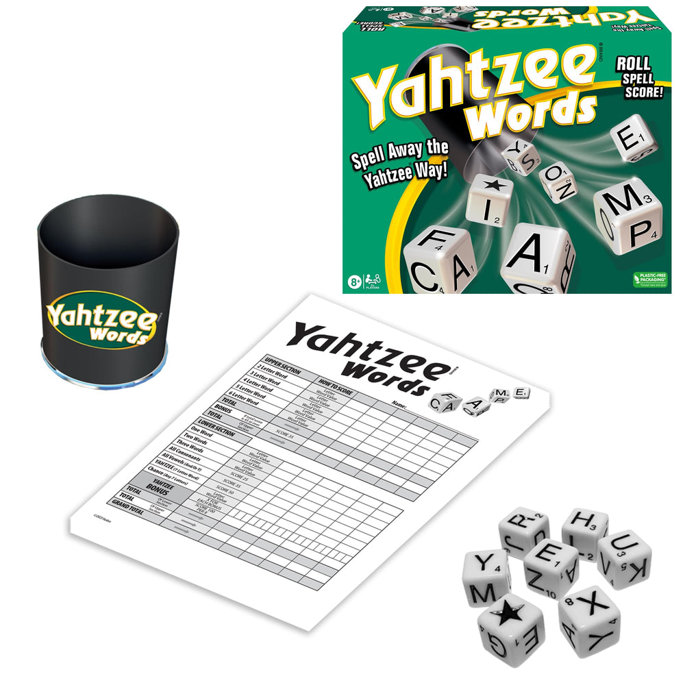 Winning Moves Yahtzee Words seven dice on the table for word-building fun