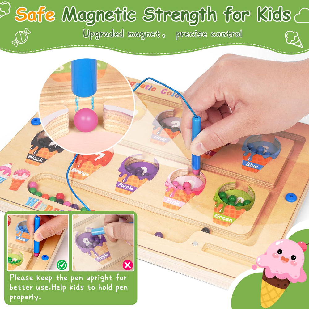 Winnrok wooden board close-up with beaded magnetic maze features.
