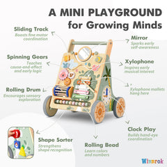 Winnrok walker with silent wheels protects floors for quiet indoor play