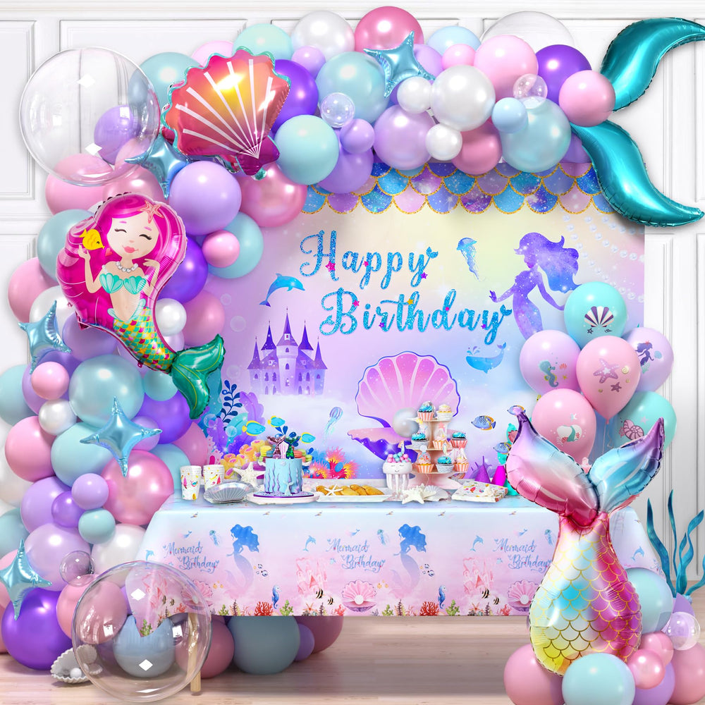 Winrayk mermaid backdrop in pink and purple for a magical photo at birthday parties.
