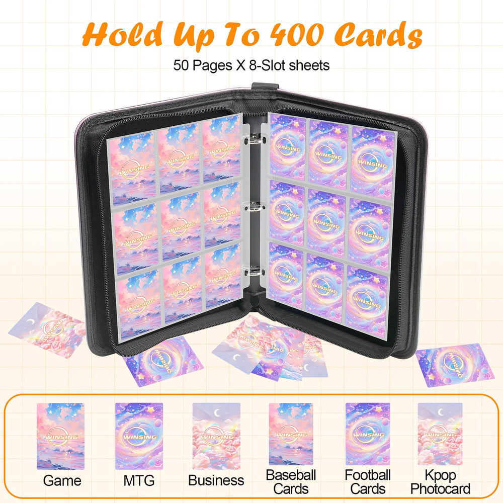 Clear pocket sleeves on the Winsing Card Binder display cards while protecting them.
