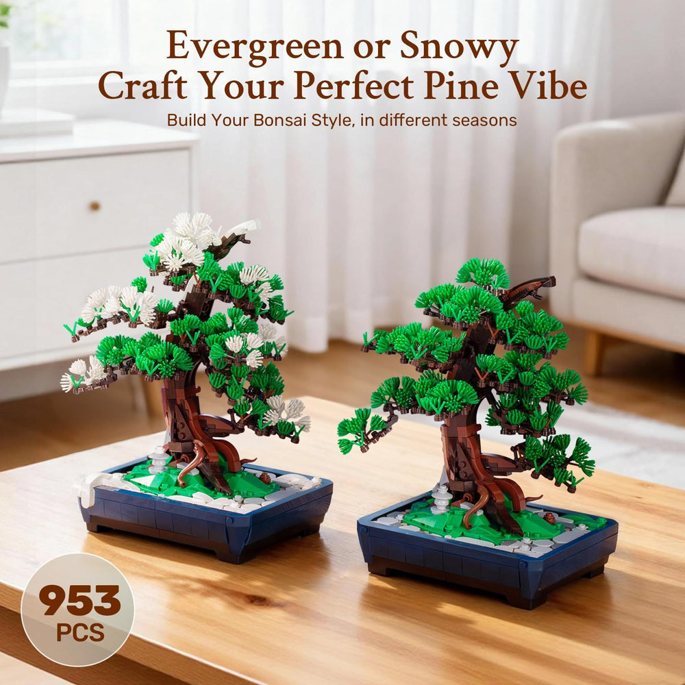 Wise Block Pine Bonsai Tree Building Set desk display: zen-inspired decor elevates your workspace.