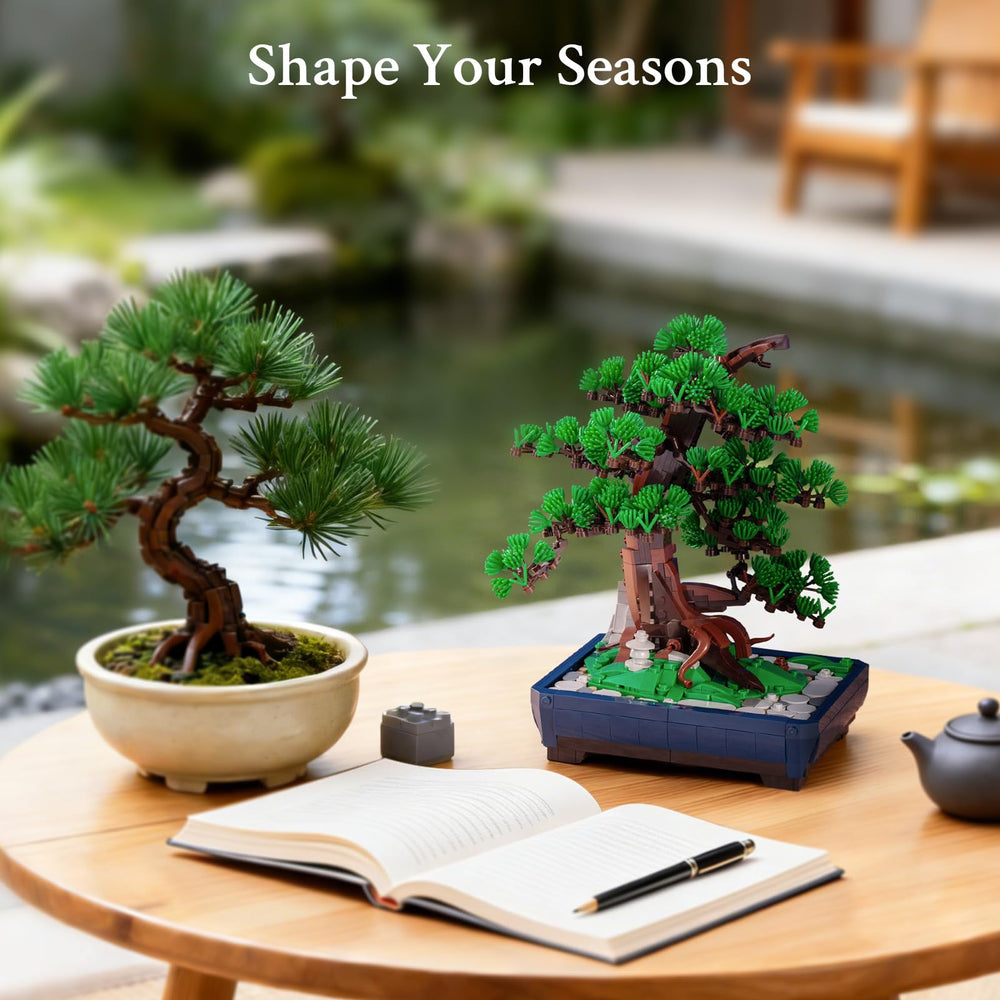 Wise Block Pine Bonsai Tree Building Set snowy scene: transformable look with evergreen or snow-covered leaves.