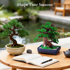 Wise Block Pine Bonsai Tree Building Set snowy scene: transformable look with evergreen or snow-covered leaves.