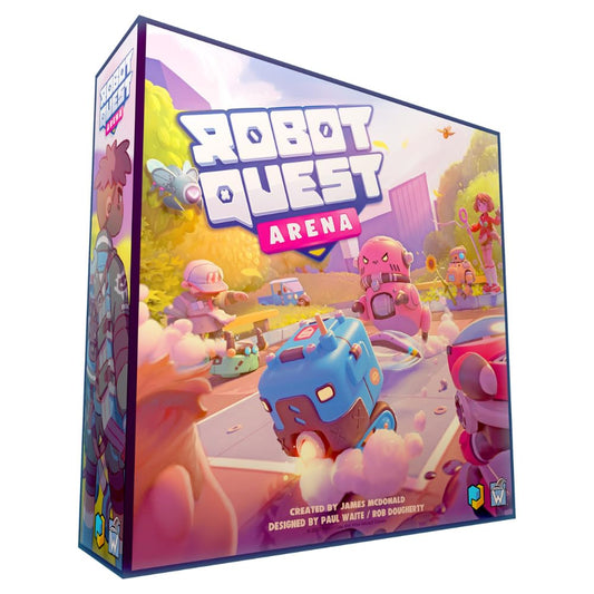 Wise Wizard Games Robot Quest Arena box and components for quick setup and exciting battles.