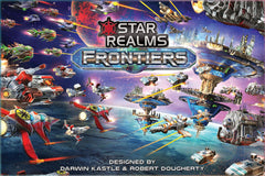 Wise Wizard Games Star Realms Frontiers Boxed Set components displaying new ships and bases for strategy.