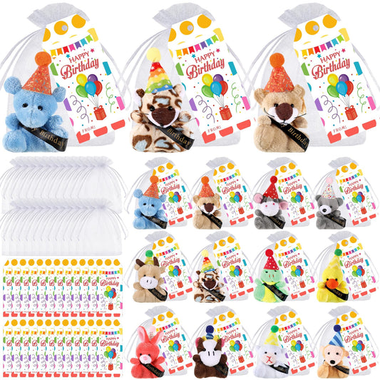 Wiwiqing birthday plush animals collection with colorful hats for party decor and favors.