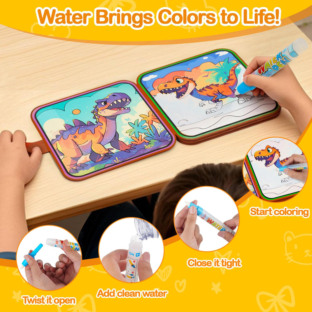 WixbFyn Dinosaur Water Coloring Book pages—dinosaur scenes revealed with water