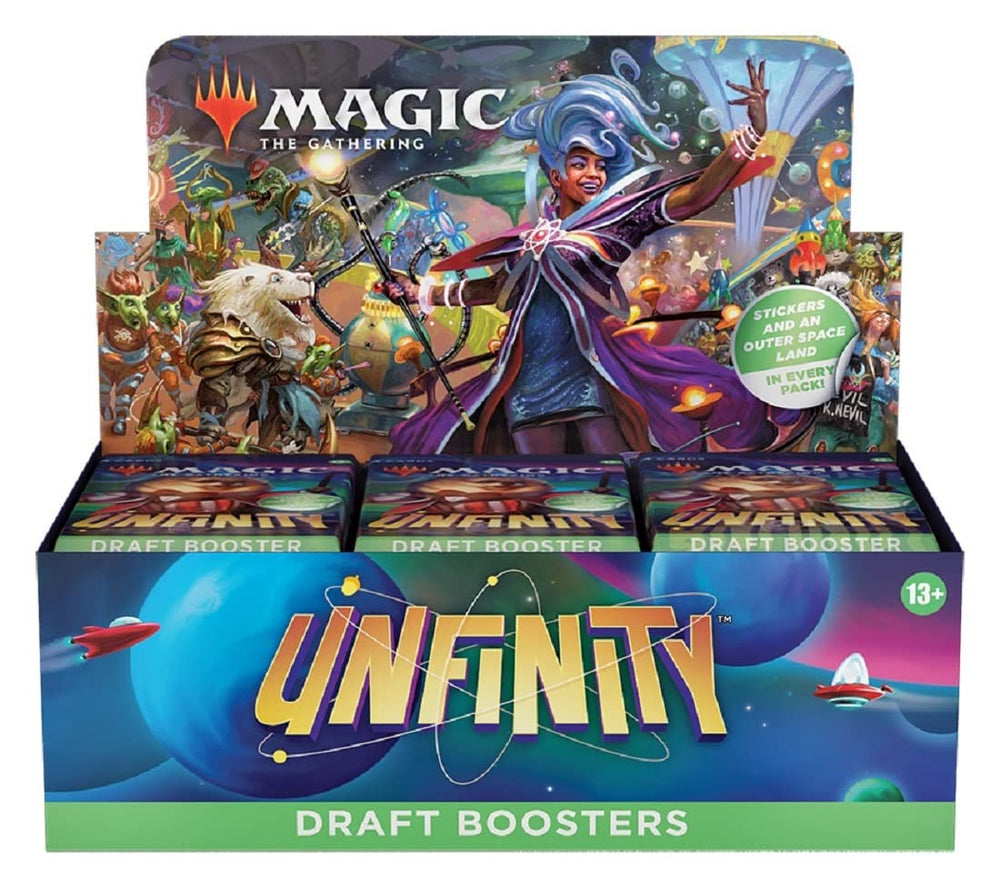 Wizards of the Coast Unfinity Draft Booster Box front for epic multiplayer drafts.